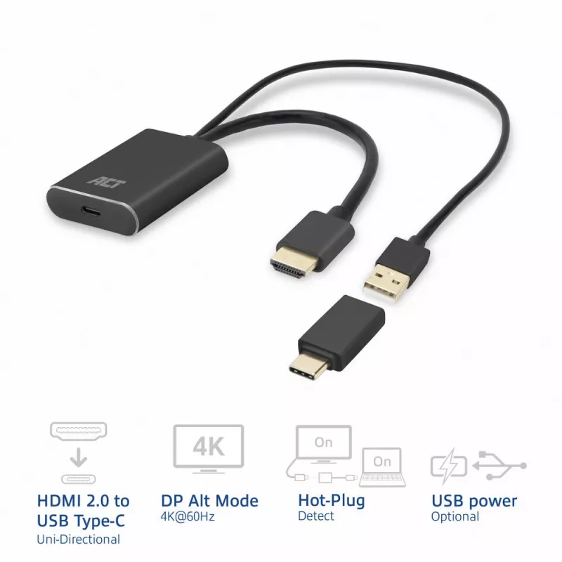 ACT HDMI to USB Type-C female adapter, 4K@60Hz. Cable length: 0.25 m, Connector 1: USB Type-C, Connector 2: HDMI + USB. Quantity per pack: 1 pc(s)