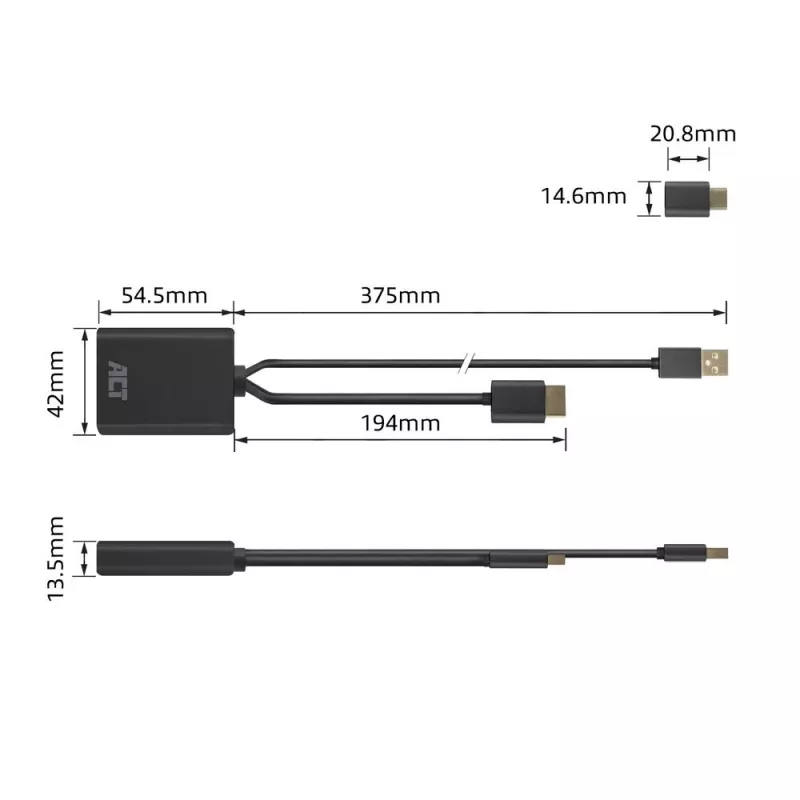 ACT HDMI to USB Type-C female adapter, 4K@60Hz. Cable length: 0.25 m, Connector 1: USB Type-C, Connector 2: HDMI + USB. Quantity per pack: 1 pc(s)