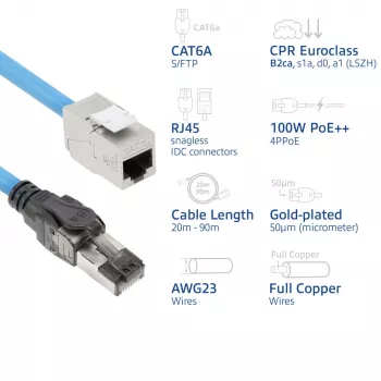 ACT Blue 45 meters S/FTP CAT6A B2ca PoE++ 100W solid prefab installation cable, RJ45 male – female