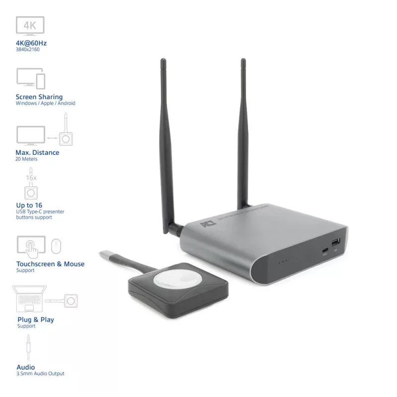 ACT Aero 4K Wireless Presentation System, Desktop, Black, Grey, 3840 x 2160, 2160p, USB Type-C, USB