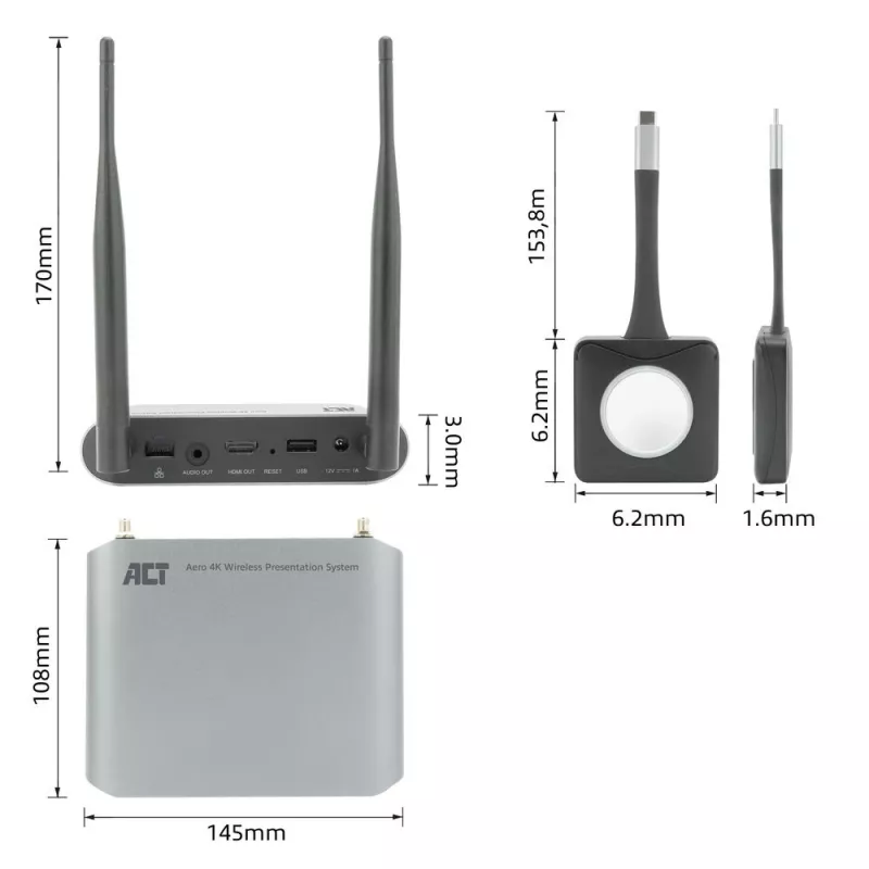 ACT Aero 4K Wireless Presentation System, Desktop, Black, Grey, 3840 x 2160, 2160p, USB Type-C, USB