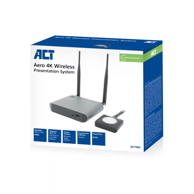 ACT Aero 4K Wireless Presentation System, Desktop, Black, Grey, 3840 x 2160, 2160p, USB Type-C, USB