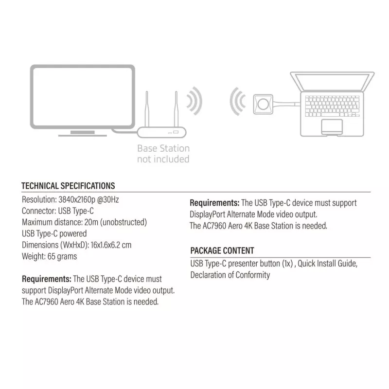 ACT Aero 4K Presenter Button, Button kit, Black, 1 pc(s), 3840 x 2160, Aero 4K Wireless Presentation System, 0 - 40 °C
