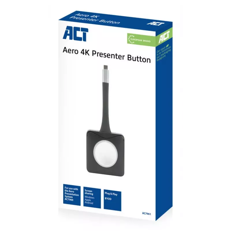 ACT Aero 4K Presenter Button, Button kit, Black, 1 pc(s), 3840 x 2160, Aero 4K Wireless Presentation System, 0 - 40 °C