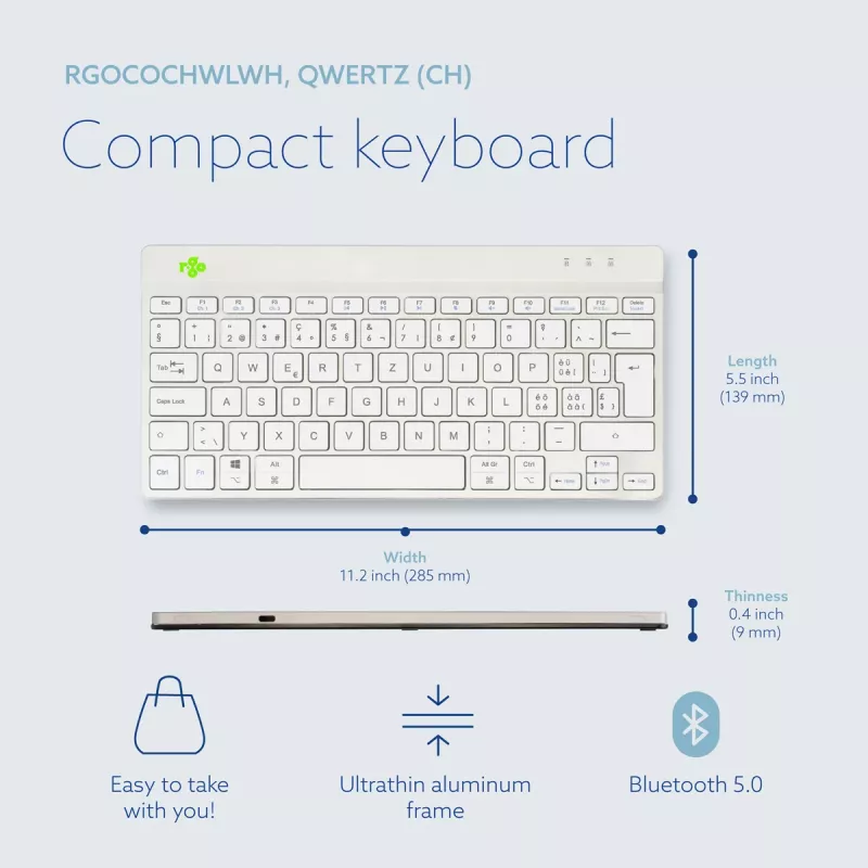 R-Go Tools Ergonomic keyboard R-Go Compact Break, compact keyboard with break software, QWERTZ (CH), Bluetooth, white