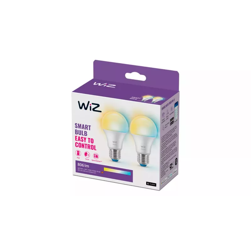 WiZ Bulb 60W A60 E27 x2, Smart bulb, Wi-Fi/Bluetooth, White, Wi-Fi 4 (802.11n), 802.11b, 802.11g, LED, E27