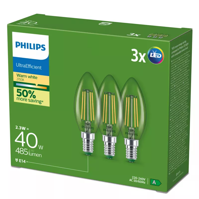 Philips Filament Candle Clear 40 W B35 E14 x3, 2.3 W, 40 W, E14, 485 lm, 50000 h, Warm white
