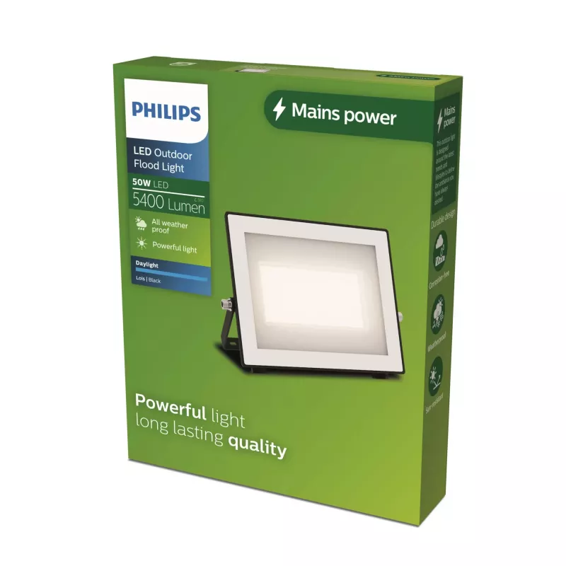 Outdoor wall light Philips Lois 50W LED, black metal housing, 220–240V, non-changeable LED