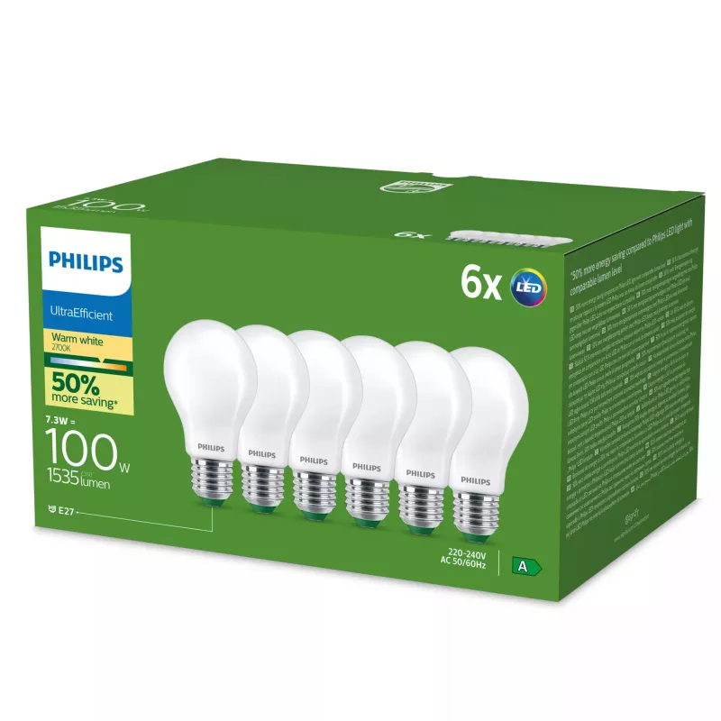 Philips Ultra Efficient LED Lamp E27 A60, 7.3 W (100 W Equivalent), 2700 K, 6-Pack