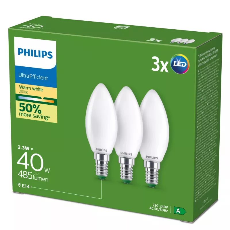 LED bulb Philips 2.3 W E14 Warm white 485 lm 300° CRI 80 50,000 h