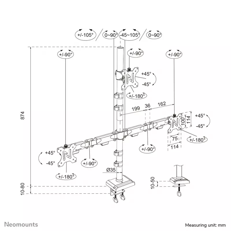 Neomounts DS60-600BL2-1 Triple monitor arm 10-32 inch, Clamp/Grommet, 9 kg, 25.4 cm (10 inch), 81.3 cm (32 inch), 100 x 100 mm, Black