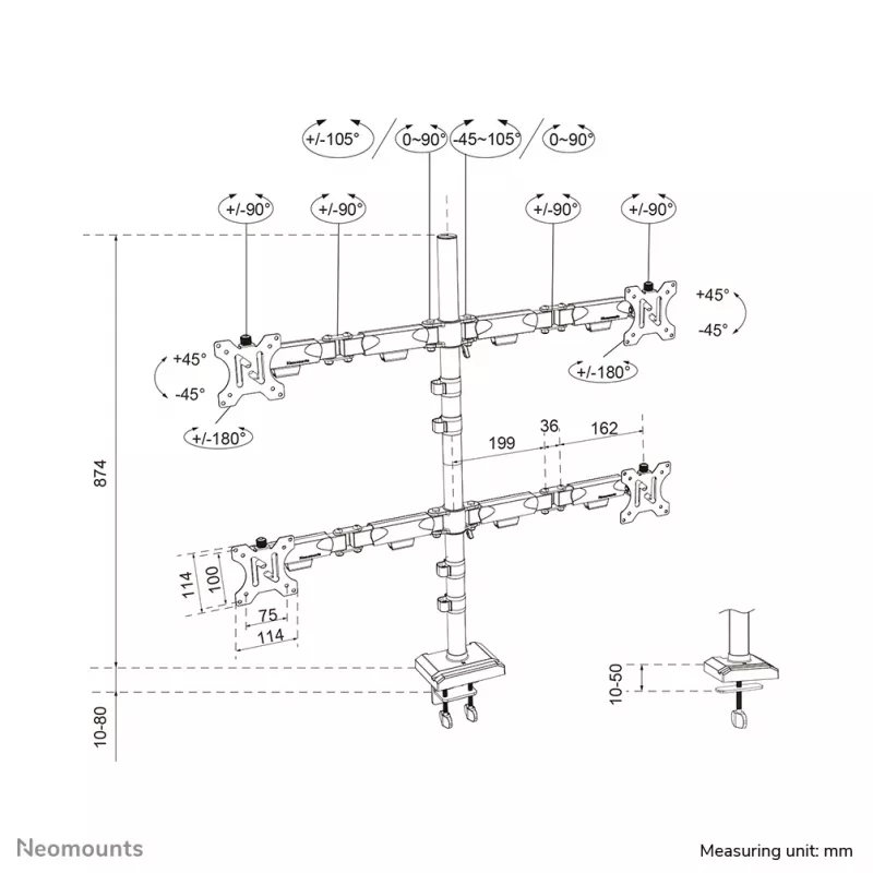 Quadruple monitor arm Neomounts DS60-600BL2-2 for 10–32 inch screens, VESA 75x75–100x100, max load 8 kg, clamp/grommet, black