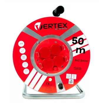 Extension cable VERTEX PB50METAL 50 m 3x2.5 mm² 3000 W, 4x Type E/F outlets, IP44, Type F plug, on/off switch