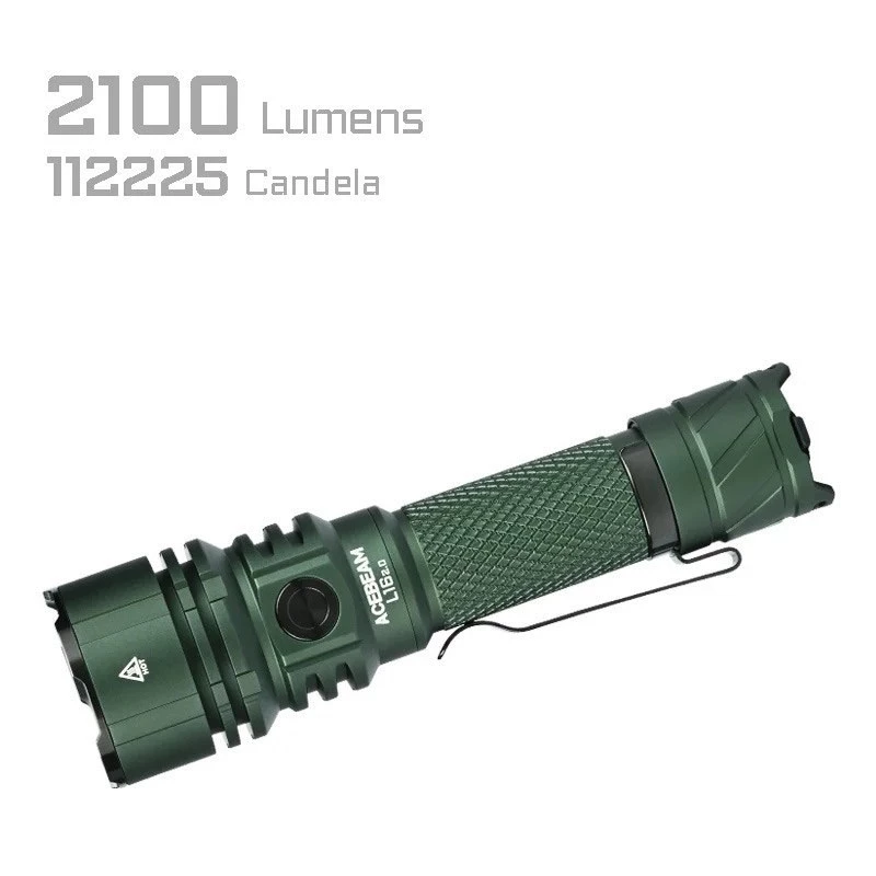 Hand flashlight AceBeam L16 2.0 Green — rechargeable 21700 Li‑Ion, 5000 mAh, up to 2100 lm, IP68, 7 output levels