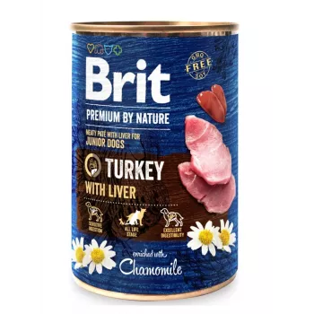 Wet dog food Brit Premium by Nature Junior — Turkey with Liver, 400 g, can, 78% moisture