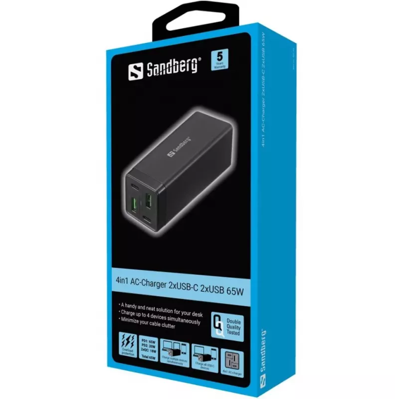 SANDBERG Power Supply - 65 Watt - 3.25 A - PD, QC - 4 Output Ports (2 x USB, 2 x USB-C)