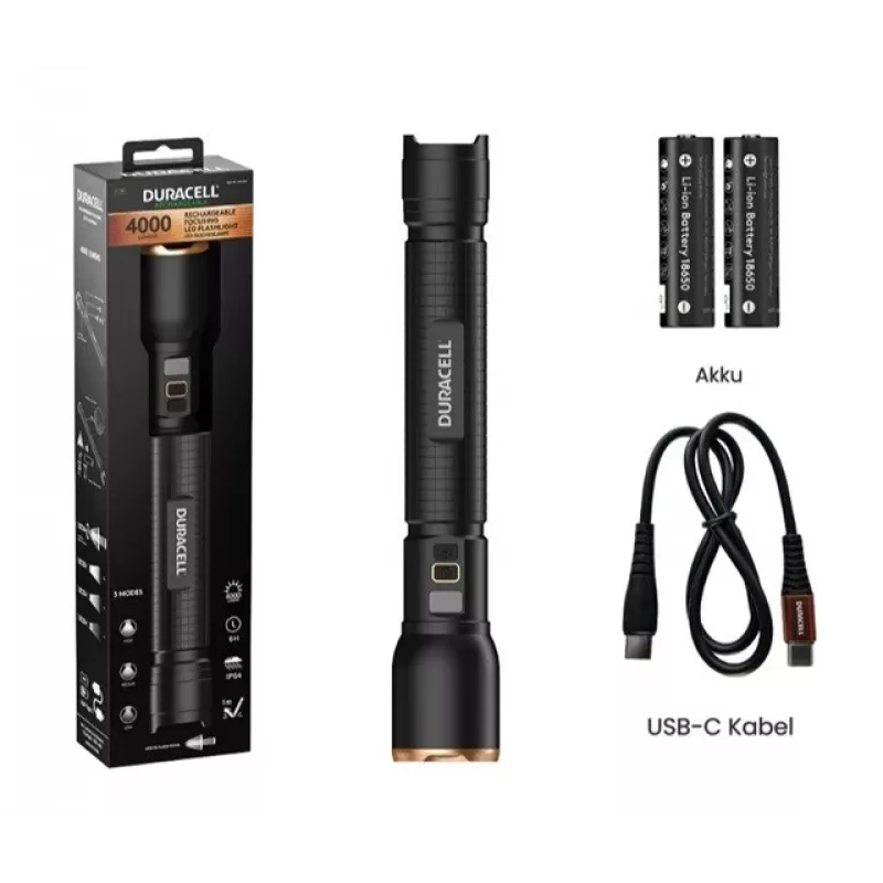 Flashlight Duracell DF4000R black — handheld rechargeable torch, compact design