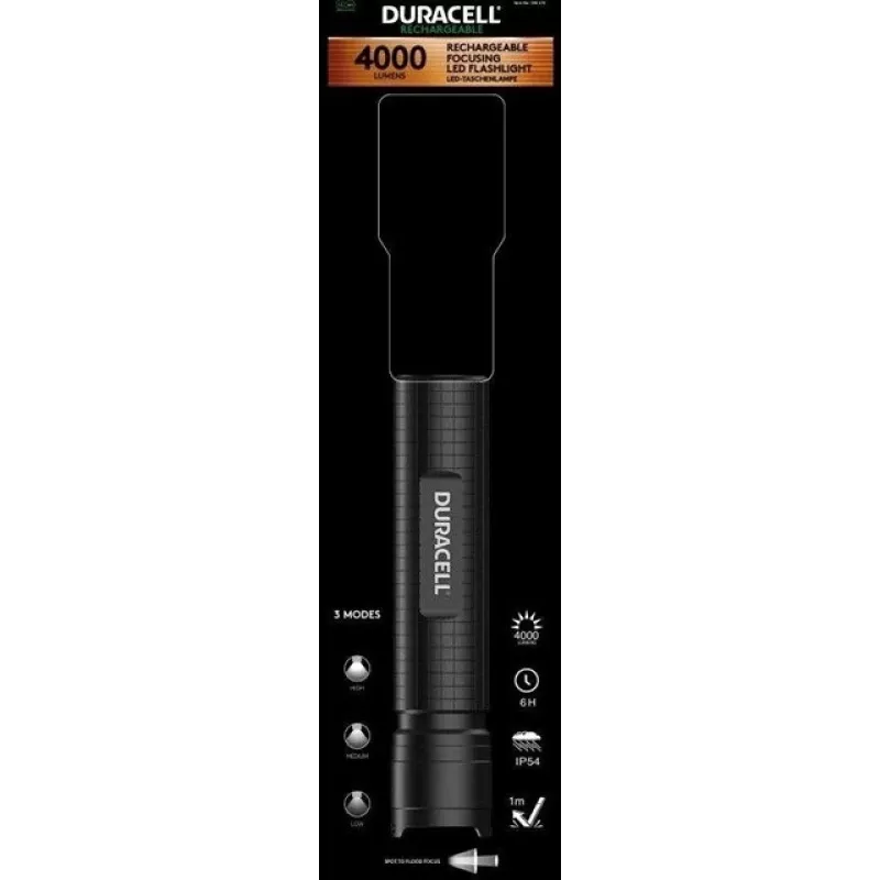 Flashlight Duracell DF4000R black — handheld rechargeable torch, compact design