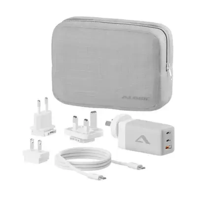 ALOGIC WCM3X67G indoor AC charger for smartphone and tablet, 110–240V, 2× USB‑C, grey/white