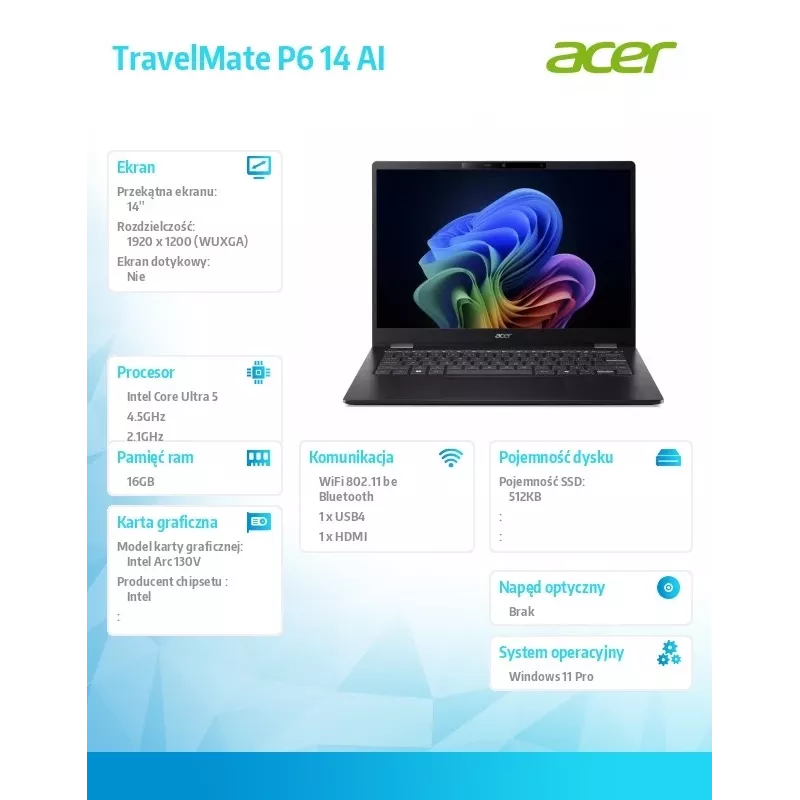 Laptop Acer TravelMate P6 14 AI TMP614-54T with Intel Ultra 5, 16GB RAM, 512GB SSD, Windows 11 Pro, 226V battery