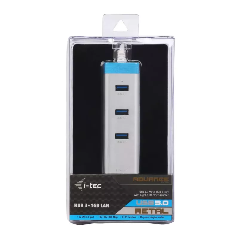 USB 3.0 hub with Gigabit Ethernet ITEC U3GLAN3HUB — 3-port metal hub, VIA VL812 + Realtek RTL8153, silver