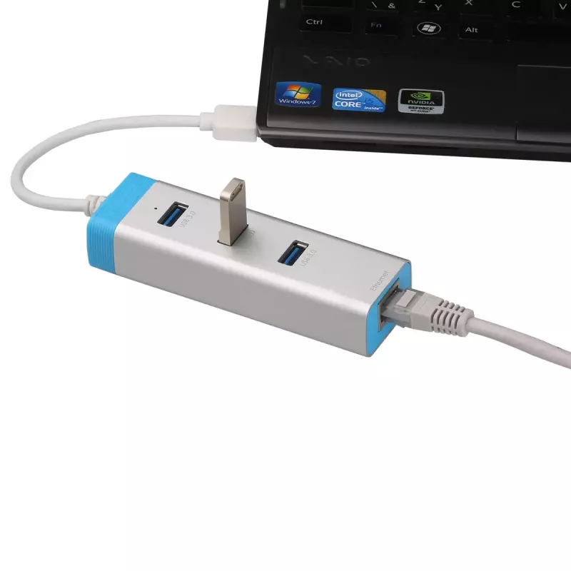 USB 3.0 hub with Gigabit Ethernet ITEC U3GLAN3HUB — 3-port metal hub, VIA VL812 + Realtek RTL8153, silver
