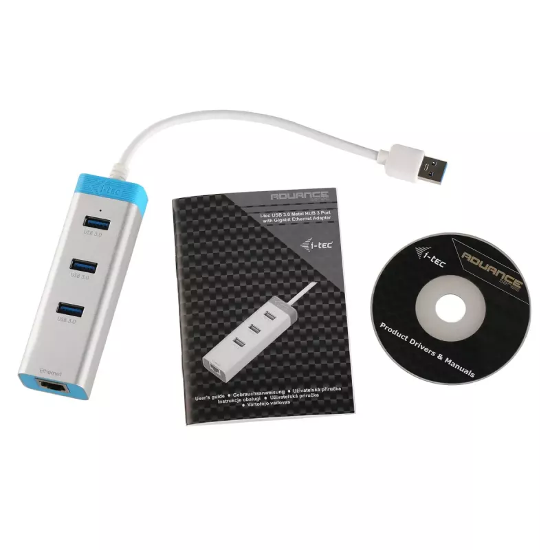 USB 3.0 hub with Gigabit Ethernet ITEC U3GLAN3HUB — 3-port metal hub, VIA VL812 + Realtek RTL8153, silver