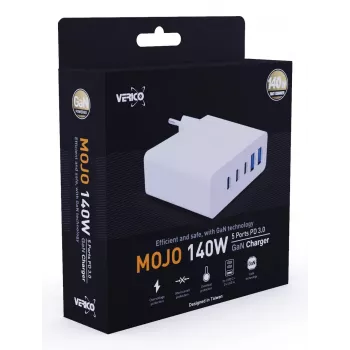 Verico MOJO GaN 140W Multi-Port USB-C and USB-A Fast Charger for Laptops, Smartphones, and Tablets, White