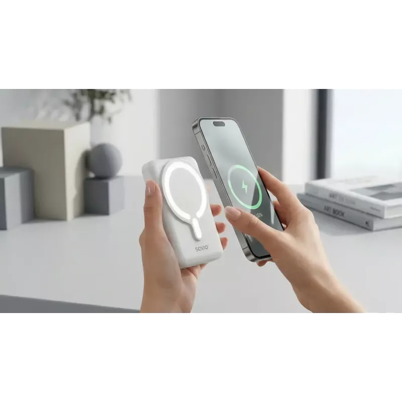 Power bank SAVIO BA-13 10000 mAh with 20W output and wireless charging, White