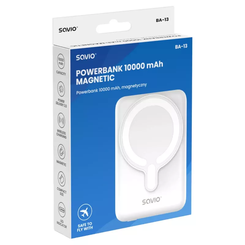 Power bank SAVIO BA-13 10000 mAh with 20W output and wireless charging, White
