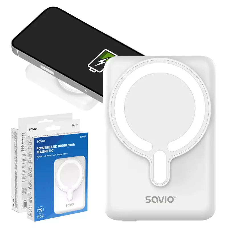 Power bank SAVIO BA-13 10000 mAh with 20W output and wireless charging, White