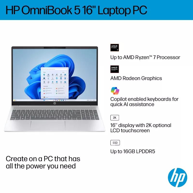 HP OmniBook 5 16-bc1002na AMD Ryzen™ 5 8540U Laptop 40.6 cm (16 inch) Touchscreen 2K 8 GB LPDDR5-SDRAM 512 GB SSD Wi-Fi 6 (802.11ax) Windows 11 Home Silver