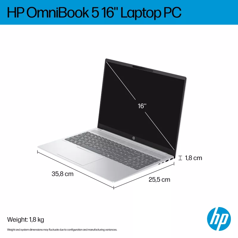 HP OmniBook 5 16-bc1002na AMD Ryzen™ 5 8540U Laptop 40.6 cm (16 inch) Touchscreen 2K 8 GB LPDDR5-SDRAM 512 GB SSD Wi-Fi 6 (802.11ax) Windows 11 Home Silver