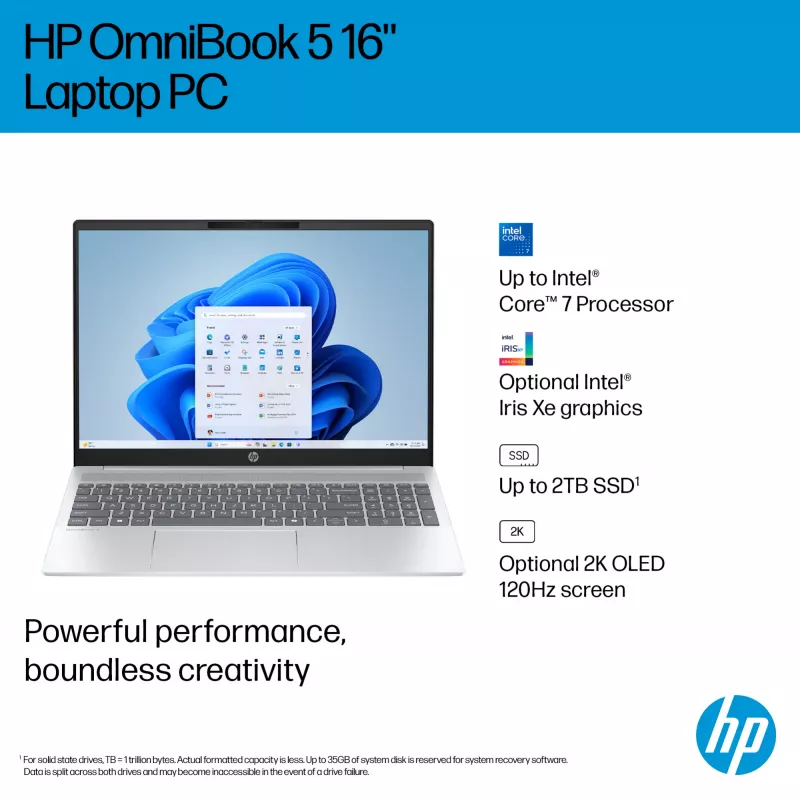 HP OmniBook 5 16-ba1004na Intel® Core™ i5 i5-1334U Laptop 40.6 cm (16 inch) 2K 16 GB LPDDR5x-SDRAM 512 GB SSD Wi-Fi 6 (802.11ax) Windows 11 Home Silver
