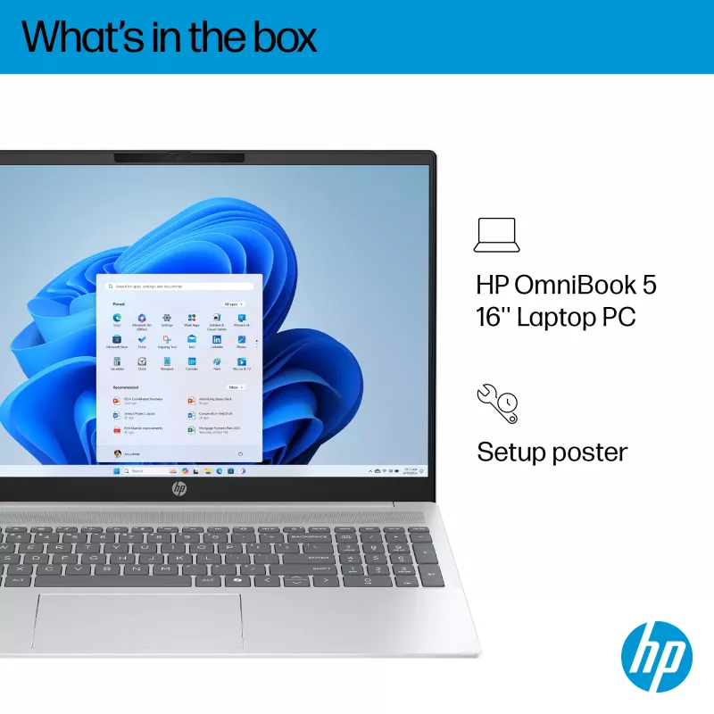 HP OmniBook 5 16-ba1005na Intel® Core™ i3 i3-1315U Laptop 40.6 cm (16 inch) 2K 8 GB LPDDR5-SDRAM 512 GB SSD Wi-Fi 6 (802.11ax) Windows 11 Home Silver