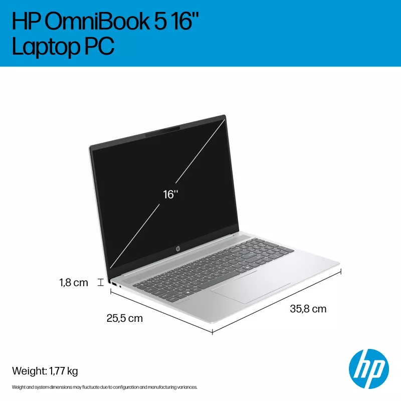HP OmniBook 5 16-ba1005na Intel® Core™ i3 i3-1315U Laptop 40.6 cm (16 inch) 2K 8 GB LPDDR5-SDRAM 512 GB SSD Wi-Fi 6 (802.11ax) Windows 11 Home Silver