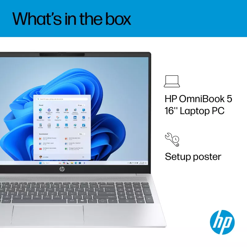 HP OmniBook 5 16-ba1005na Intel® Core™ i3 i3-1315U Laptop 40.6 cm (16 inch) 2K 8 GB LPDDR5-SDRAM 512 GB SSD Wi-Fi 6 (802.11ax) Windows 11 Home Silver
