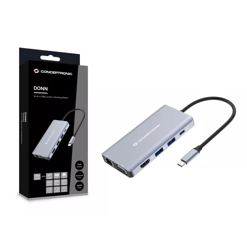 Conceptronic DONN20G 10-in-1 USB 3.2 Gen 1 Docking Station, HDMI, VGA, USB-A 5Gbps, USB-C 5Gbps, SD, TF/MicroSD, Audio, GbE LAN, 100W USB PD