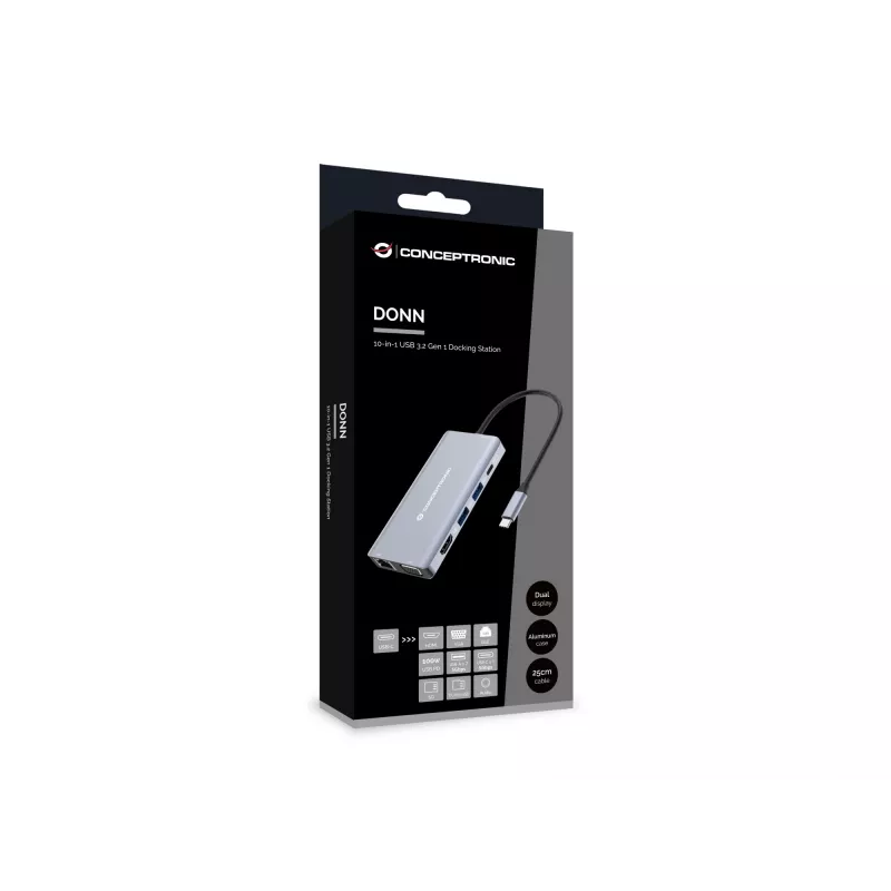 Conceptronic DONN20G 10-in-1 USB 3.2 Gen 1 Docking Station, HDMI, VGA, USB-A 5Gbps, USB-C 5Gbps, SD, TF/MicroSD, Audio, GbE LAN, 100W USB PD