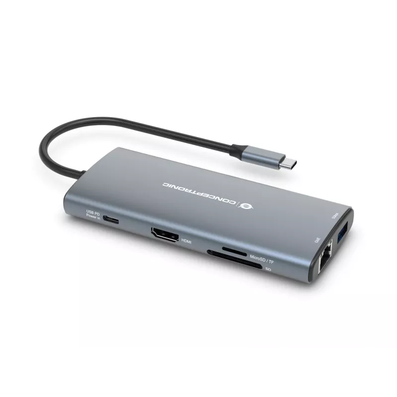 Conceptronic DONN06G 10-in-1 USB 3.2 Gen 1 Docking Station, HDMI, 100W USB PD, USB-C 5Gbps x 2, USB-A 5Gbps x 3, SD, TF/MicroSD, GbE