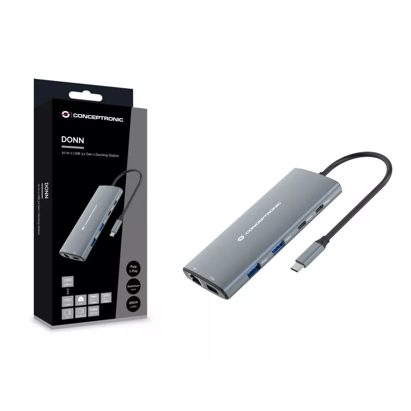 Conceptronic DONN06G 10-in-1 USB 3.2 Gen 1 Docking Station, HDMI, 100W USB PD, USB-C 5Gbps x 2, USB-A 5Gbps x 3, SD, TF/MicroSD, GbE