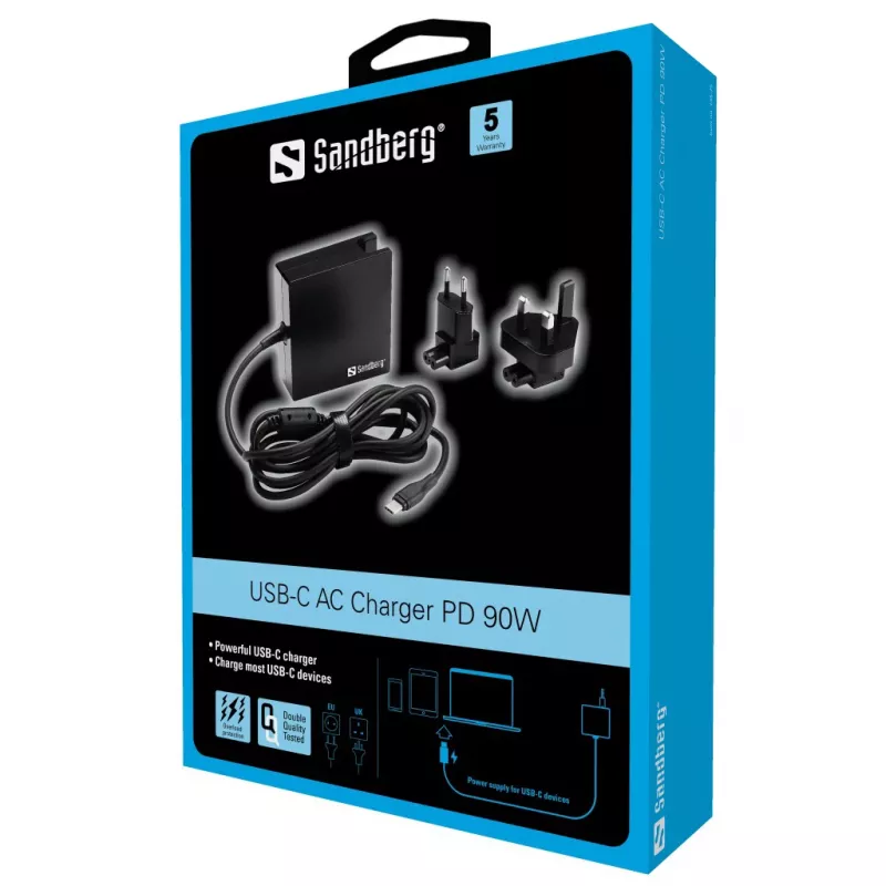 Sandberg USB-C PD AC-Charger 90W EU+UK, Indoor, AC, 20.2 V, 4.5 A, 1.8 m, Black