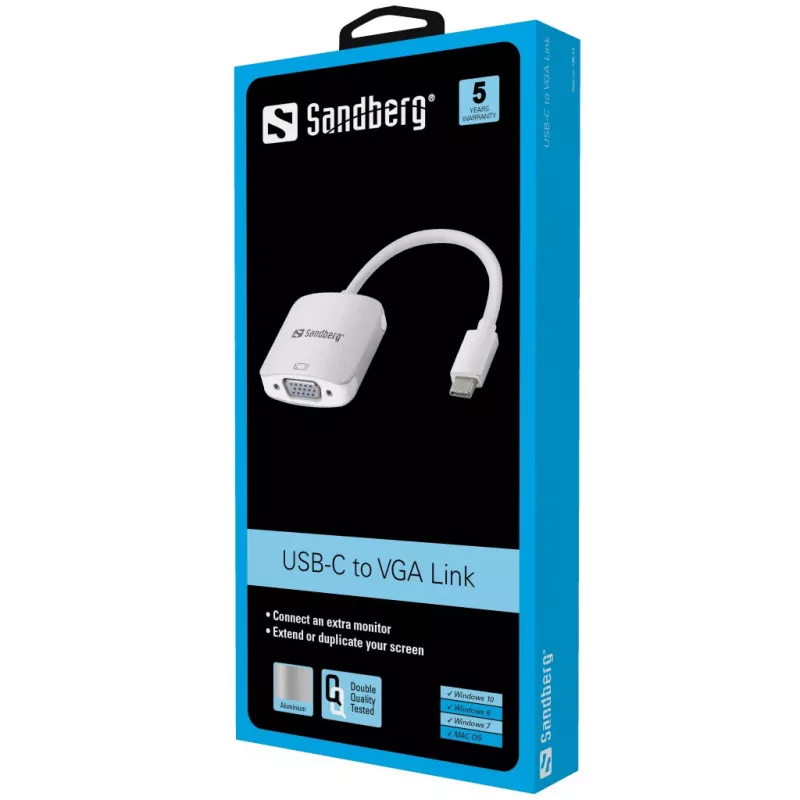 Sandberg USB-C to VGA Link, USB Type-C, VGA (D-Sub), Male, Female, 1920 x 1080 (HD 1080), 2048 x 1152, 1080p