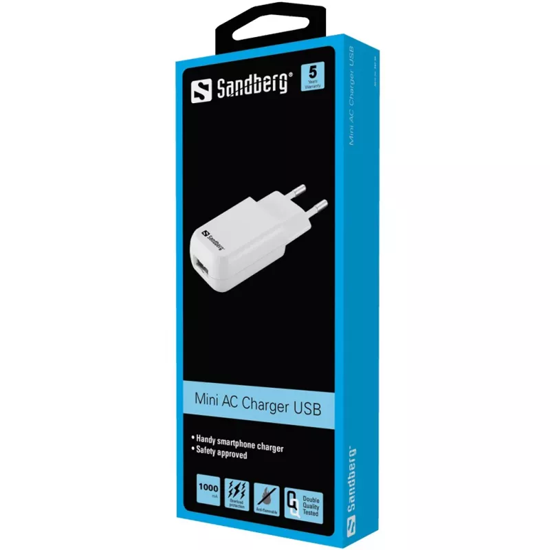 Sandberg Mini AC charger USB 1A EU, Indoor, AC, 5 V, Black, White