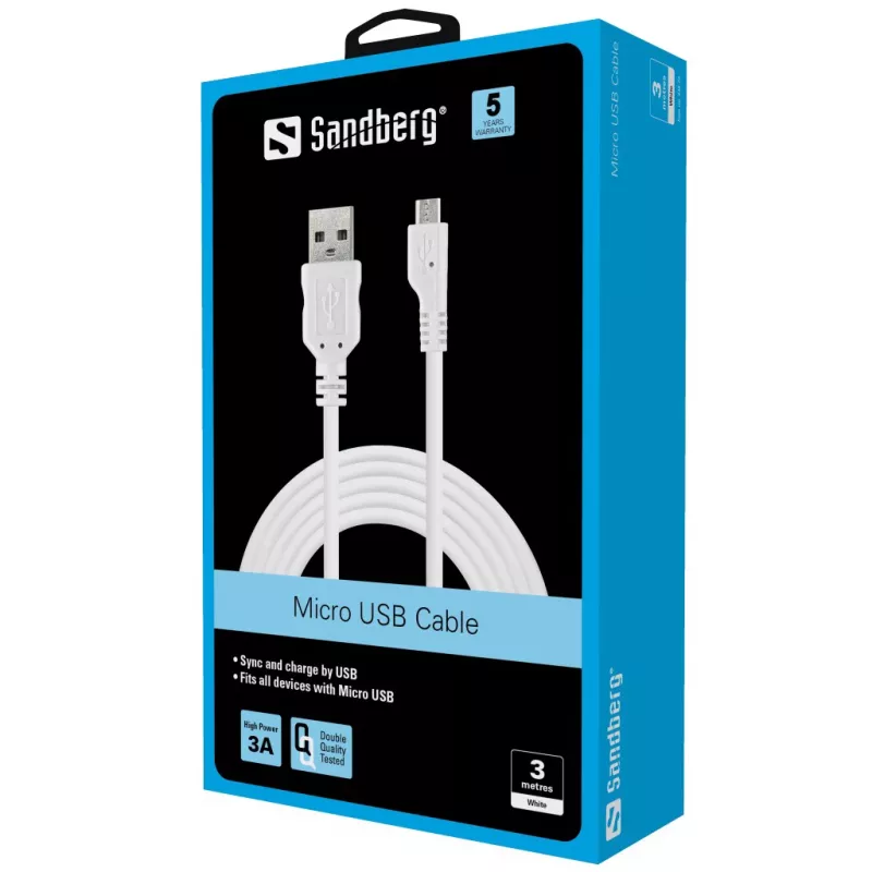 Sandberg MicroUSB Sync/Charge Cable 3m, 3 m, USB A, Micro-USB B, USB 2.0, Male/Male, White