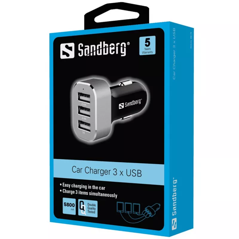 Sandberg Multi Car Charger 3xUSB, Auto, Cigar lighter, USB, 5 V, Black, Silver