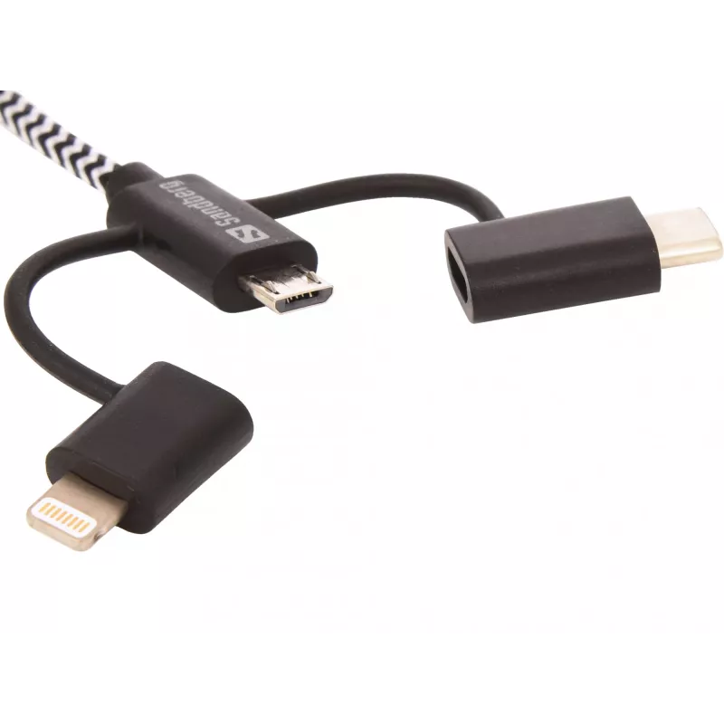Sandberg 3in1 Lightning+MicroUSB+USB-C 1m, 1 m, Micro-USB A, USB A, Male/Male, Black, Grey