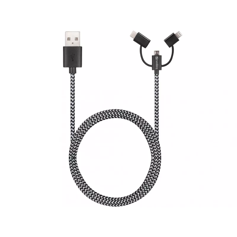 Sandberg 3in1 Lightning+MicroUSB+USB-C 1m, 1 m, Micro-USB A, USB A, Male/Male, Black, Grey