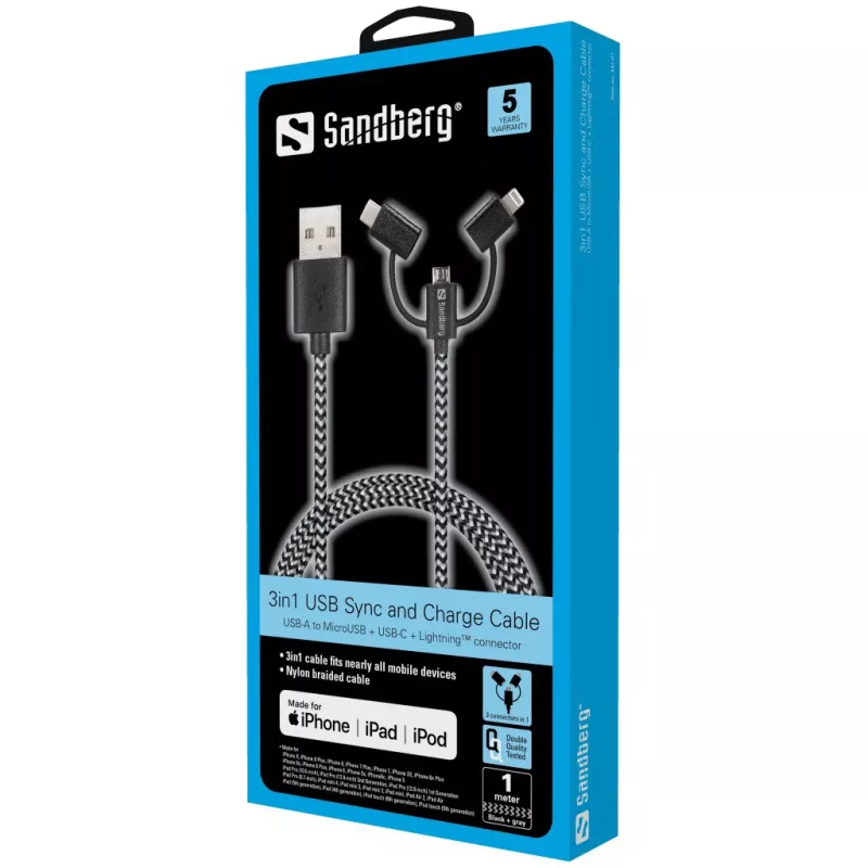 Sandberg 3in1 Lightning+MicroUSB+USB-C 1m, 1 m, Micro-USB A, USB A, Male/Male, Black, Grey