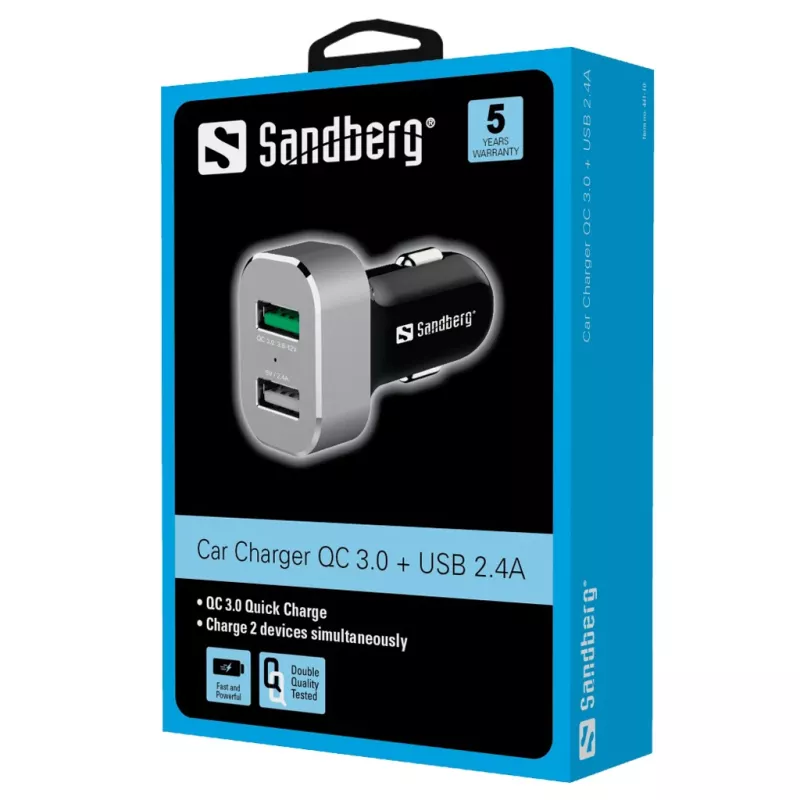 Sandberg Car Charger 1xQC 3.0+1xUSB2.4A, Auto, Cigar lighter, 12 V, Aluminium, Black